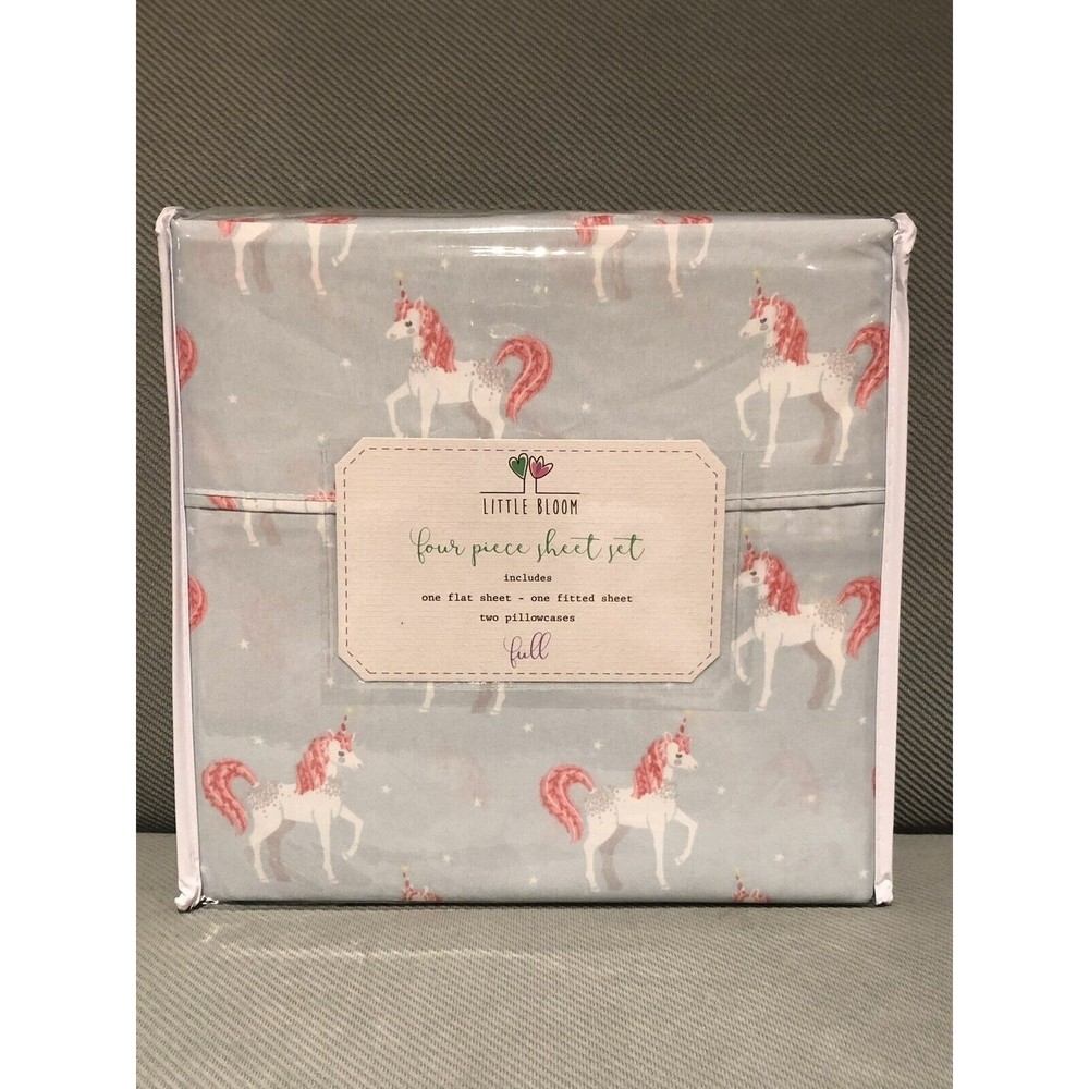 New Little  Bloom FULL Size Sheet Set 4 PC Kids Unicorn Stars Pink Blue Girls